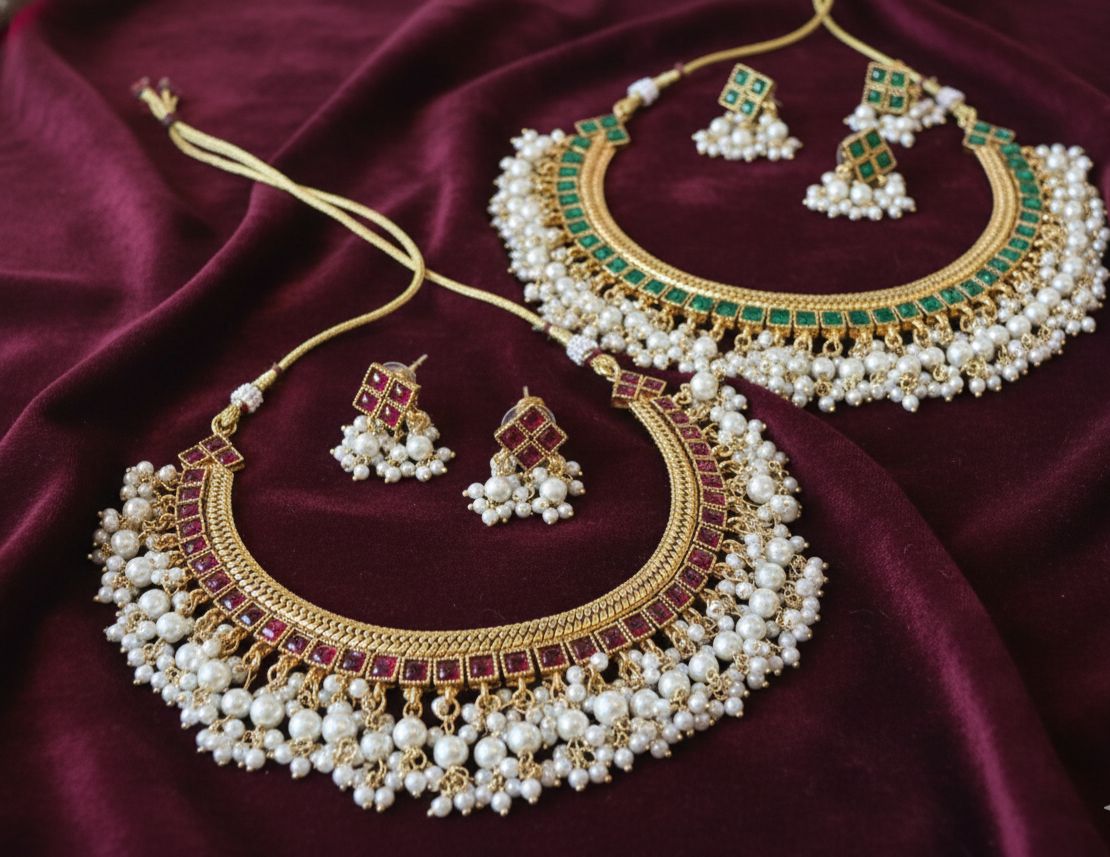 Reversable stone pearl necklace